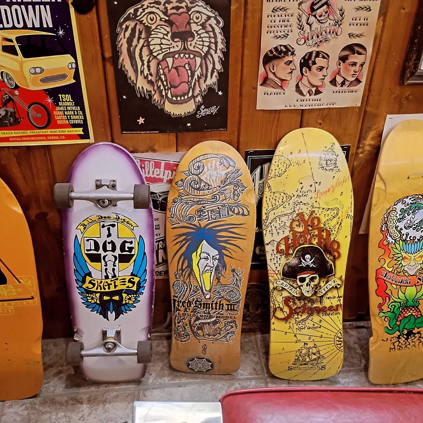 Vintage skateboard decks with colorful graphics